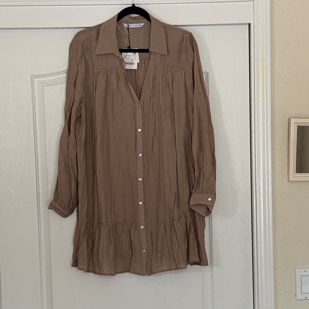 Zara Taupe Brown Button-Down Ruffle Hem Tunic/dress XL